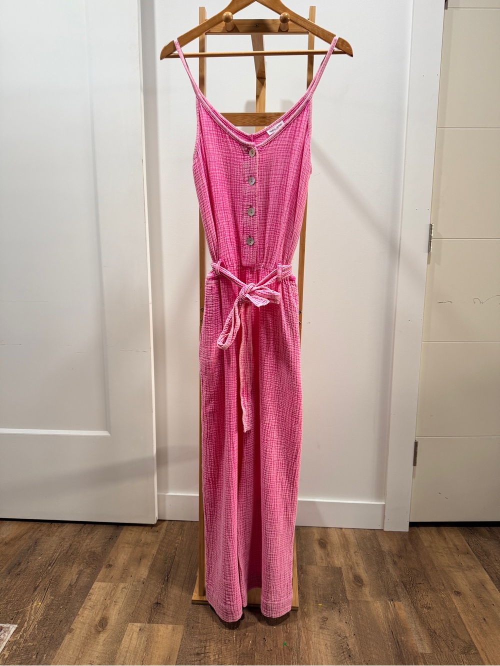 Tribal Hot Pink Textured Button-Front Jumpsuit with Tie Waist